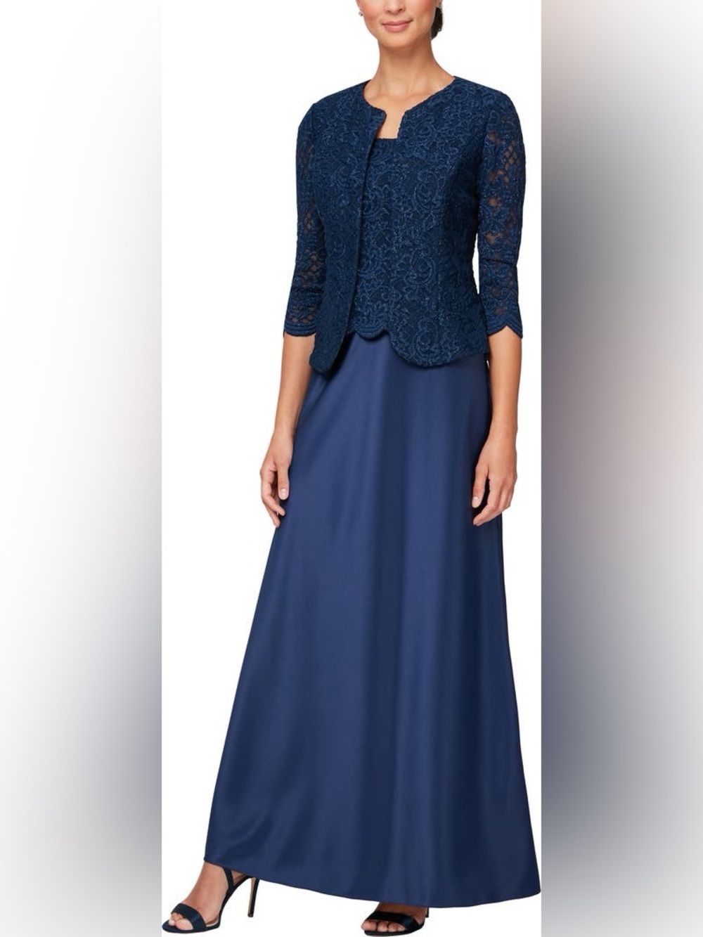 Alex Evenings Navy Blue Lace-Top Maxi Skirt Dress